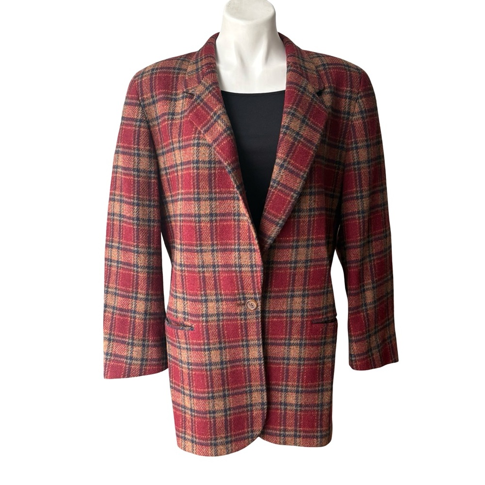 L.L. BEAN Vintage 80s 90s Preppy Tartan Plaid Single Button Wool Blazer, Sz 14 R